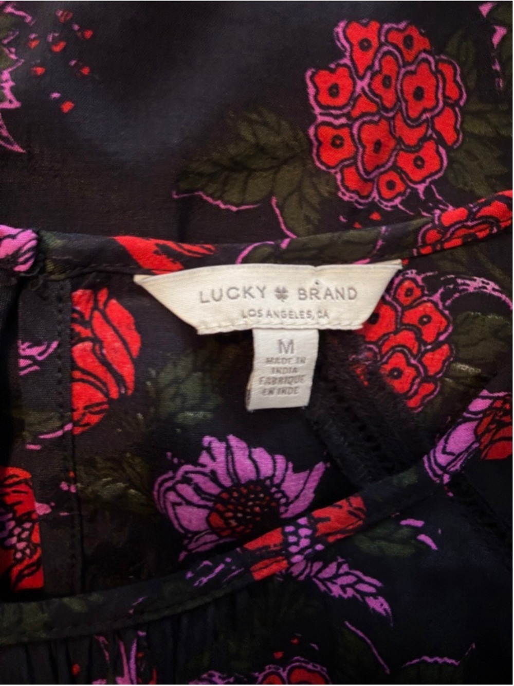 Lucky Brand Pink Red Floral Peasant Top Black Boho Blouse Medium - Picture 5 of 6